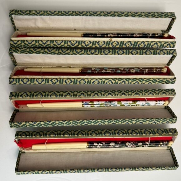 4 Vtg Sets Cloisonne Enamel Inlay Chopsticks in Original Silk Boxes, 8.5”Long - Picture 8 of 9